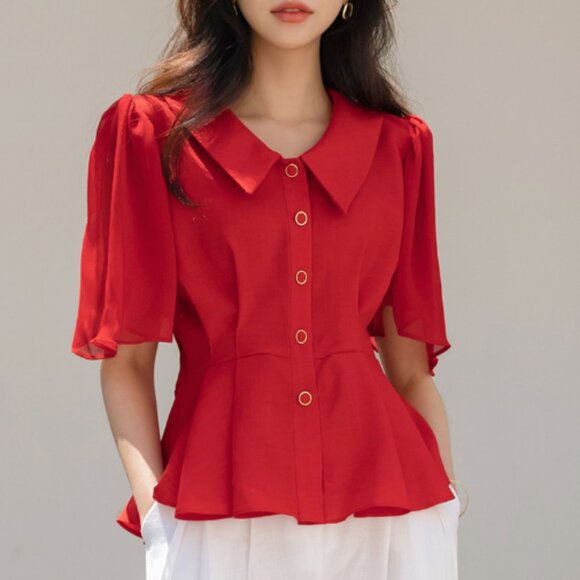 Chiffon Wing Sleeves Peplum Blouse in Red (Belt Set) - Picture 1 of 9